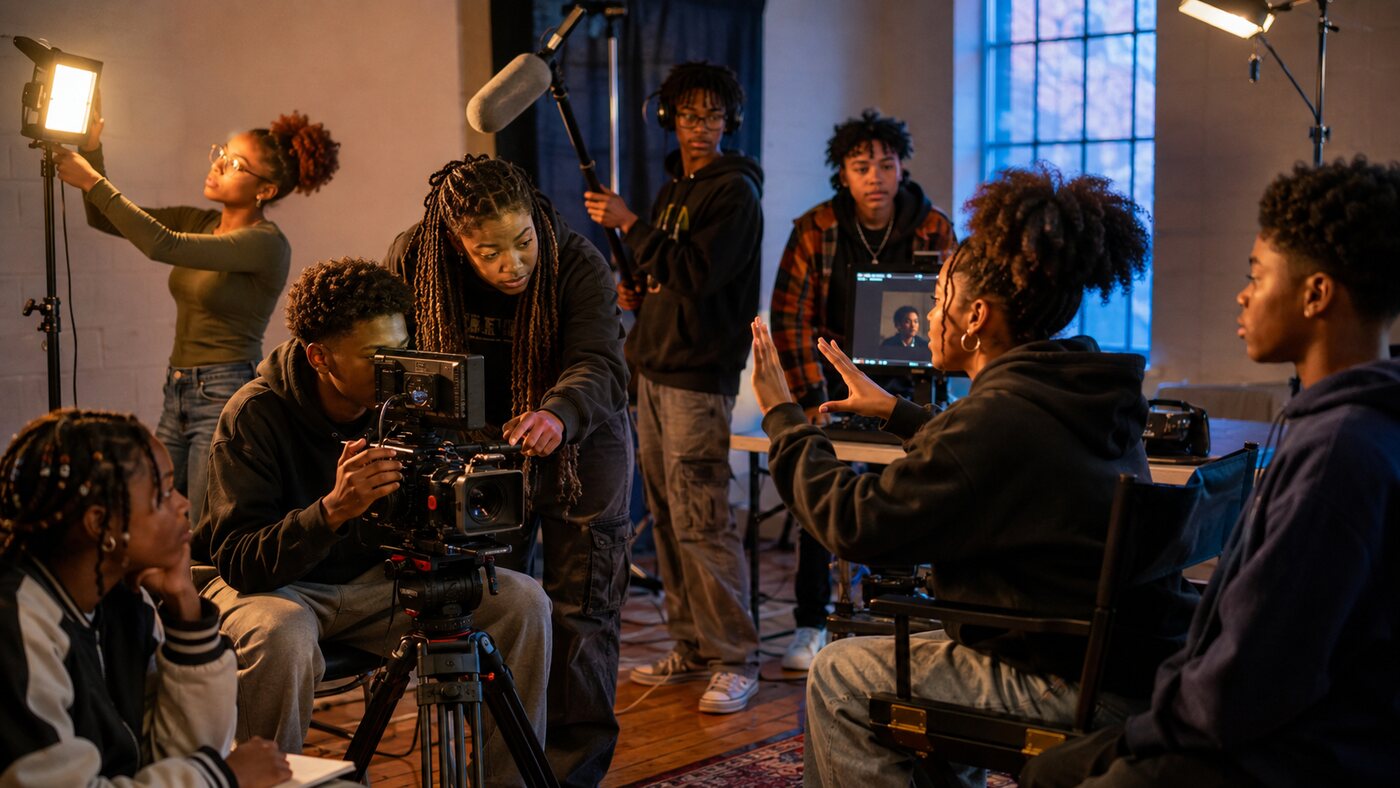 Young filmmakers learning camera, lighting, sound, and directing on a set