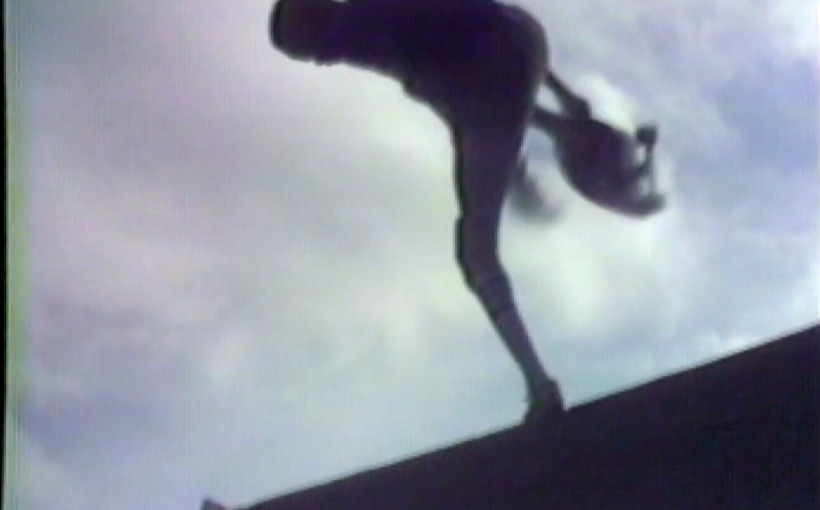 A Crazy Street Riders member airborne above the homemade ramp at Eastern State Penitentiary