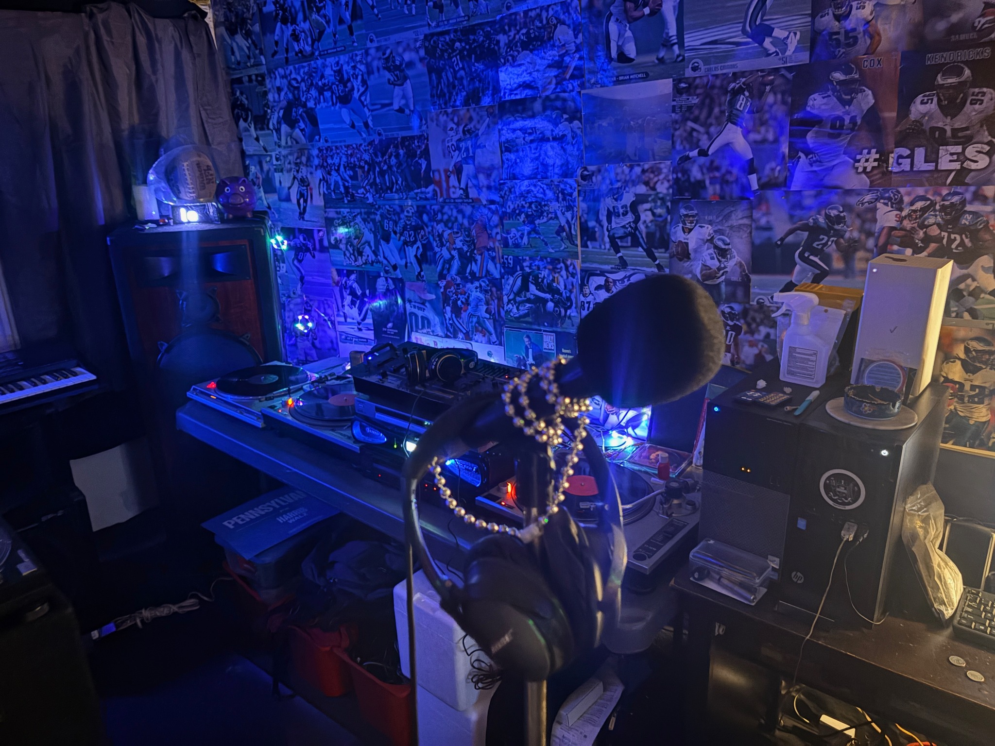 A microphone overlooking a room filled with records and audio equipment